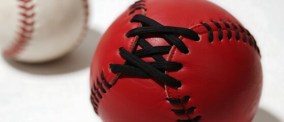 Close-up view of red and white baseballs highlighting their laces and textured surfaces.
