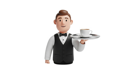 Charming 3D waiter character smiling while serving a cup of coffee on a silver tray, impeccably dressed for service.