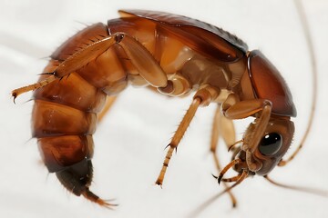 Close-up shot of a brown cockroach highlighting its intricate body parts and features.