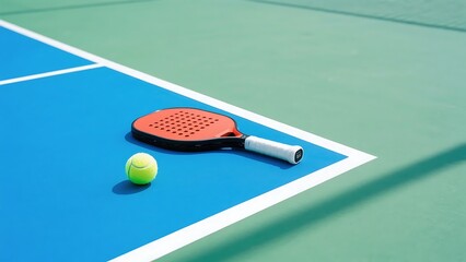 A paddleball racket and a ball placed on a tennis court, indicating a sports setting.