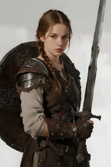 A female warrior in armor holds a sword and shield, showcasing medieval combat attire.