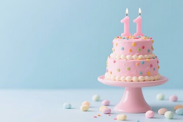 A two - tier pink birthday cake with number 1 candles, decorated with colorful sprinkles, placed on a pink stand.