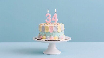 A vibrant birthday cake with 34 candles, colorful icing, and sprinkles on a light blue background.
