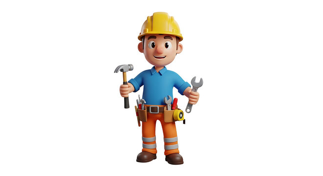 Cartoon construction worker, equipped with a tool belt, holds a hammer and a wrench. Smiling, ready for the task ahead.