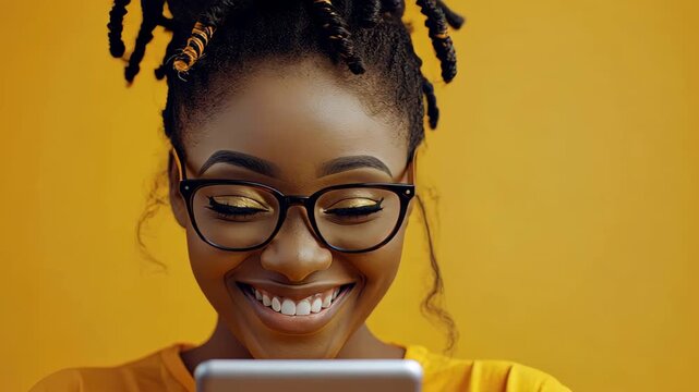 Radiant with Tech: A stylish person, her eyes are cast down as she uses the tech device, exuding contentment and engagement, set against a cheerful orange backdrop.