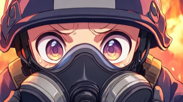 Anime Soldier: A young anime soldier, geared up in a helmet and a gas mask, with focused eyes, against a backdrop of flames and smoke.
