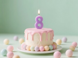 A small birthday cake with pink drizzle and a lit number 8 candle, surrounded by pastel candies.