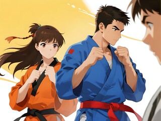 Karate practitioners in traditional uniforms are poised and ready for a competitive martial arts event.