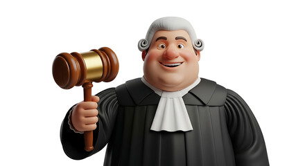 A cartoon judge wearing a wig and robe smiles while holding a wooden gavel up on a transparent background.