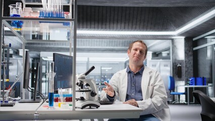 POV of lab scientist on video conference call explaining molecular analysis and biotechnology study results. Web connection supports telehealth, medical discovery and innovation.