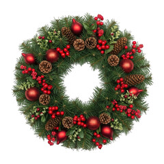 A festive christmas wreath adorned with pine cones, red berries, and baubles, isolated on transparent background