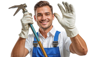 positive male plumber in work clothes on a transparent background

