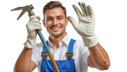 positive male plumber in work clothes on a transparent background