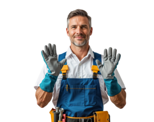 positive male plumber in work clothes on a transparent background


