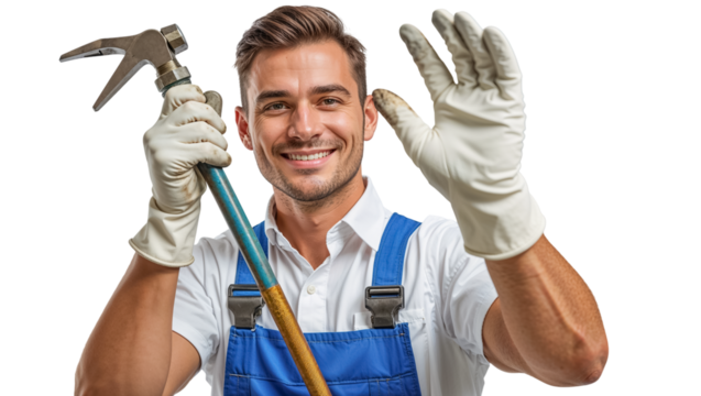 positive male plumber in work clothes on a transparent background

