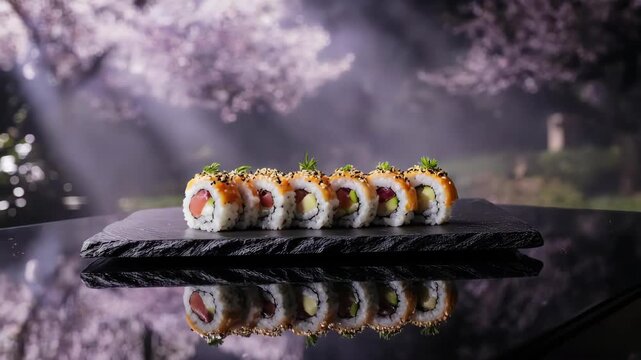 Row of sushi rolls on slate plate under cherry blossom light beams in tranquil spring garden
