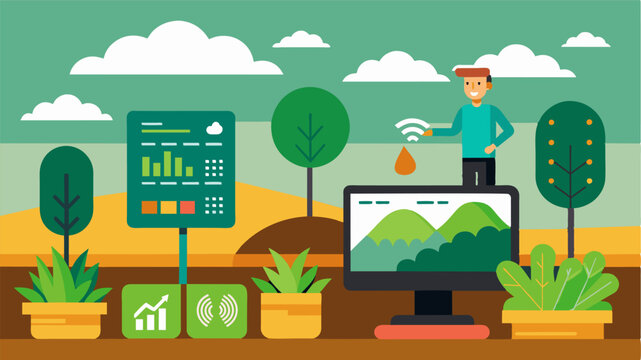 A computerized system monitors soil nutrient levels in realtime automatically adjusting fertilizer application rates to match crop needs throughout the growing season.. Vector illustration