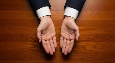 Open Hands, Clear Intentions: Two hands, palms up, rest on a polished wooden surface, conveying openness and honesty, inviting dialogue. This image speaks volumes about approachability.