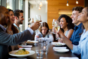Joyful diverse friends toasting with wine at a restaurant table, one person feeling sad and excluded