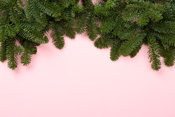 Christmas tree branches on color background, top view
