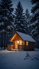 Cozy wooden cabin illuminated at night in snowy forest  