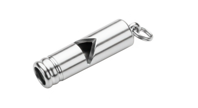 Sleek silver whistle beckons for safety, sport, signaling, and urgent needs