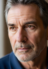 Obraz premium Intense close-up portrait of a thoughtful mature man with grey hair