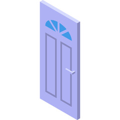 Isometric Blue Door with Glass Window and Silver Handle Isolated on White Background Minimalist Architectural Element Representing Entry and Exit