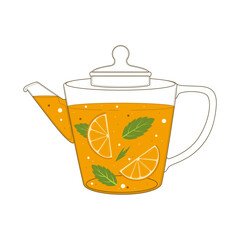 Vector teapot with lemon and mint tea. Bright illustration of hot herbal drink in a transparent teapot. Perfect for cafe menu, tea packaging, wellness, and kitchen decor.