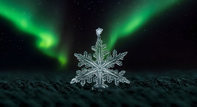 Close up of a snowflake on a textured surface with the aurora borealis in the background