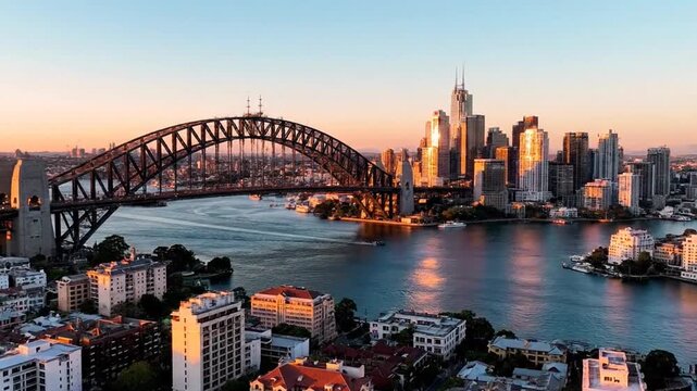 Panoramic View of Sydney Australia at Sunset featuring the Harbour Bridge and City Skyline Reflecting Golden Light on Water and Buildings with Blue Sky