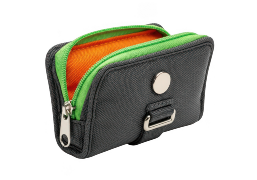 Stylish open bag with bright green trim and orange interior for easy access items