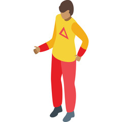 Isometric 3D illustration of a person with a yellow shirt featuring a pink triangle logo and red pants standing against a white background