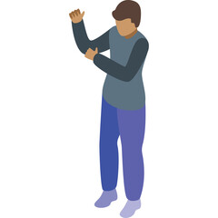 Isometric 3D illustration of a person with brown hair wearing a blue long sleeve shirt and purple pants standing with arms bent showing muscle flex with purple socks on white background