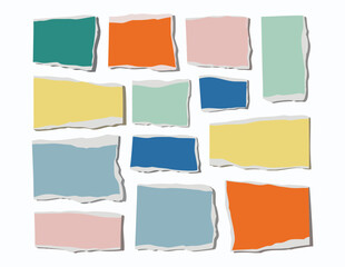 Collection of colorful torn paper scraps with rough edges arranged in a scattered pattern on a white background
