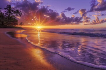 Gorgeous sunsets on beaches with golden sands, purple skies, palm trees, waves, sunlight dancing on water, clouds, and a serene vibe