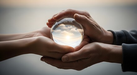 Four hands of different sizes jointly hold a clear crystal ball that reflects a bright sky with clouds and sunlight.
