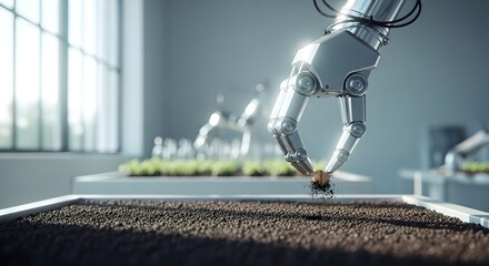 A robotic arm drops a seed into a planting tray in a high-tech agricultural setting.