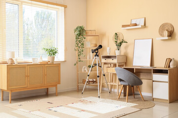 Interior of office with workplace, telescope and plants