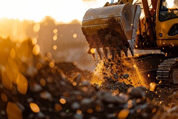 The bright yellow excavator efficiently digs into the earth, its sturdy mechanical arm delving deep into the soil, as it works tirelessly to reshape the terrain.
