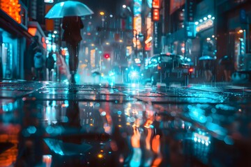 Fototapeta premium People on the neo night color street, glowing holograms, rain reflections.