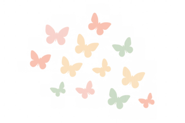 Pastel colored butterflies flying, creating whimsical silhouette pattern, transparent background element for design