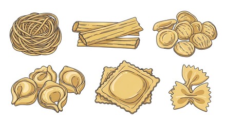 Variety of Dried Pasta Shapes in Close Up Illustration on White Background