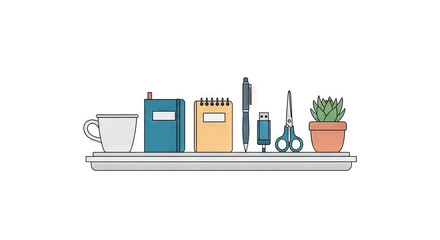 Minimalist Arrangement of Office Supplies on a White Shelf Including Notebooks Pen Scissors and a Plant