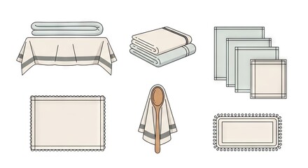 Assortment Of Beige Tablecloths Napkins And Placemats On White Background