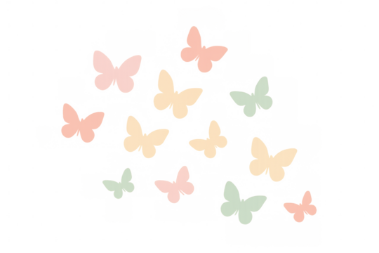 Pastel colored butterflies flying, creating whimsical silhouette pattern, transparent background element for design