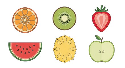 Pixel Art Illustration of Assorted Fruits Slices on White Background
