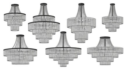 Collection of Chandelier Illustrations on White Background Featuring Black Metal Frames and Transparent Crystal Elements
