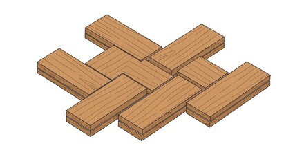 Isometric Illustration of Interlocking Wooden Planks on White Background