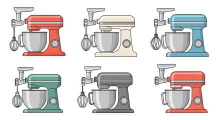 Collection Of Stand Mixers In Various Colors Against White Background Simple Flat Vector Illustration